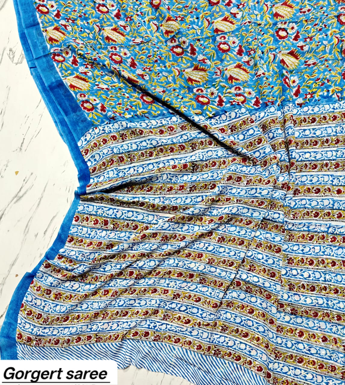 Sky Blue Floral Handblock Printed Georgette Saree