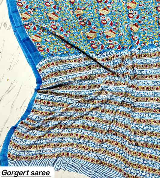 Sky Blue Floral Handblock Printed Georgette Saree