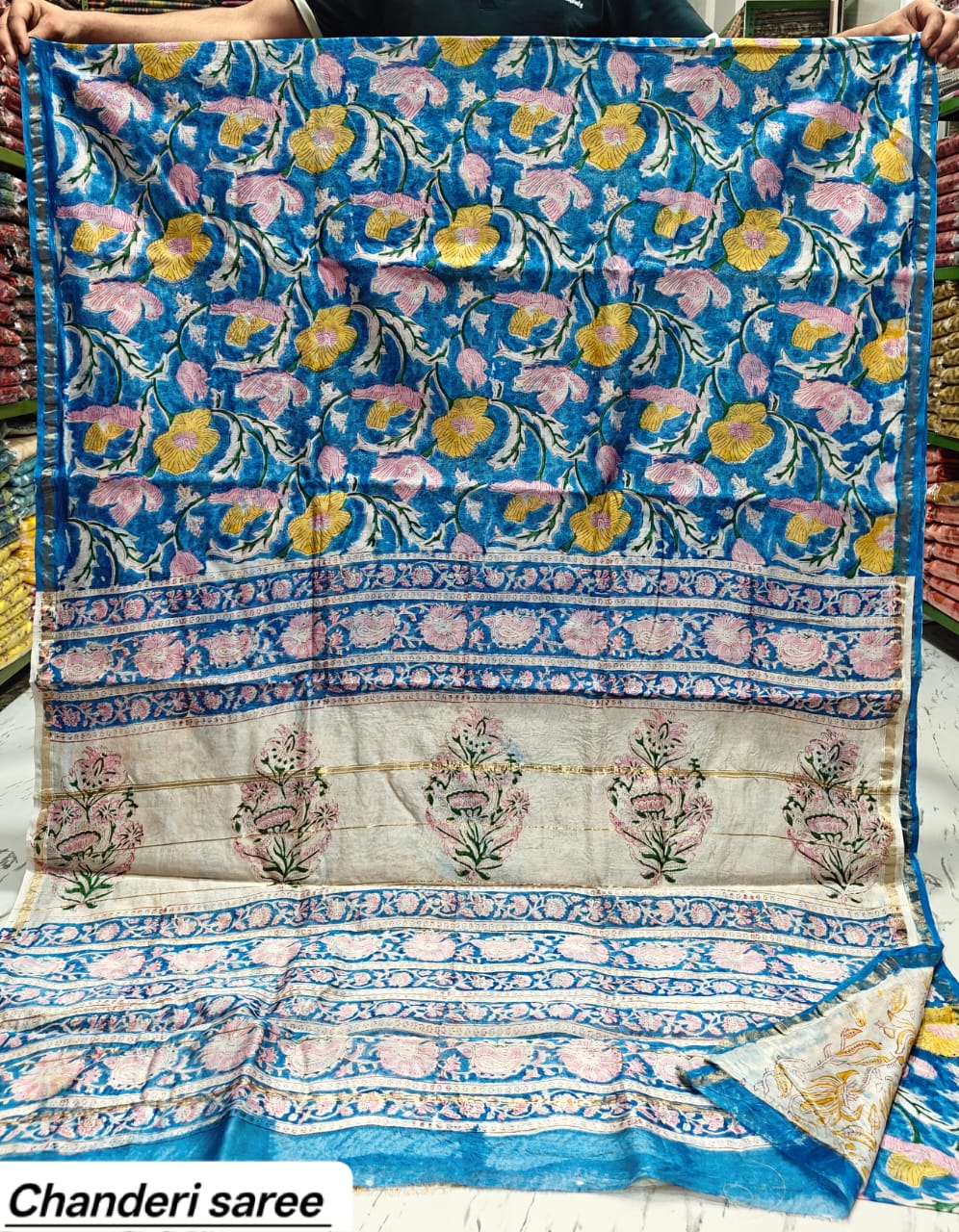 Sky Blue Floral Vine Chanderi Bagru Handblock Printed Silk Cotton Saree With Blouse