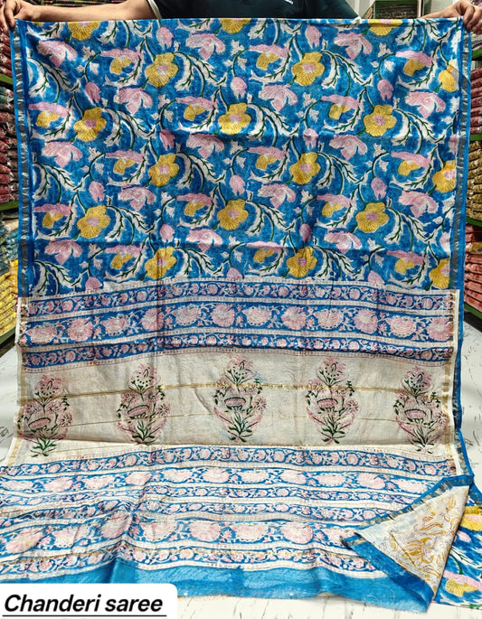 Sky Blue Floral Vine Chanderi Bagru Handblock Printed Silk Cotton Saree With Blouse