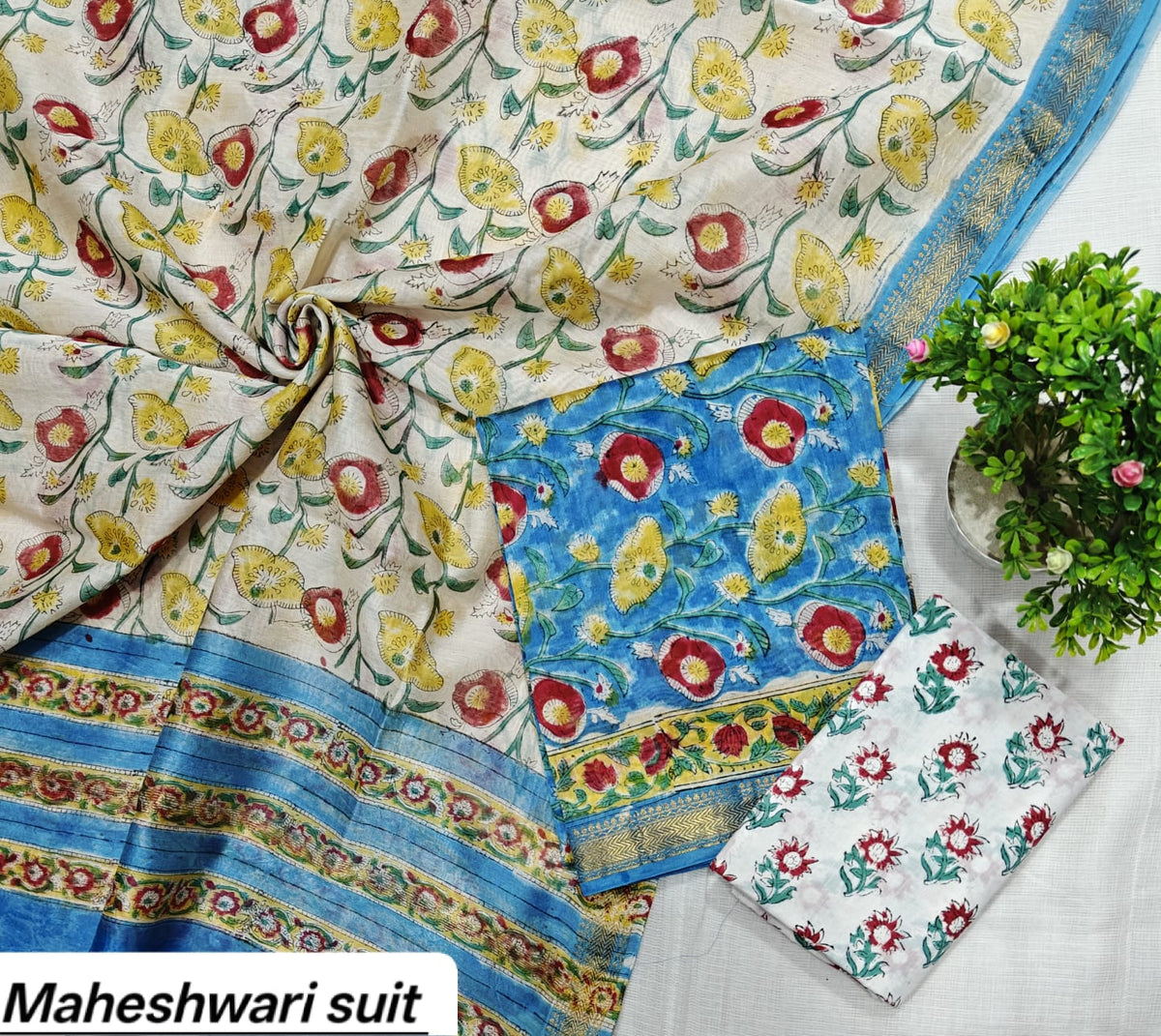 Sky Blue & Pink Floral Motif Handblock Printed Pure Maheshwari Silk Unstitched Suit Set with Dupatta