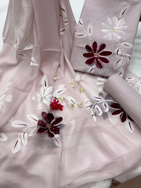 Soft Lavender Floral Painted Traditional Handblock Cotton Suit Set with Chiffon Dupatta