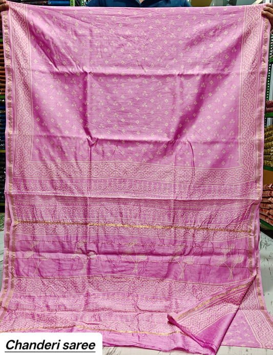 Soft Pink Solid Chanderi Bagru Handblock Printed Silk Saree With Blouse