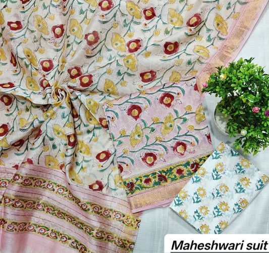 Soft Pink & Yellow Floral Vine Motif Handblock Printed Pure Maheshwari Silk Unstitched Suit Set with Dupatta