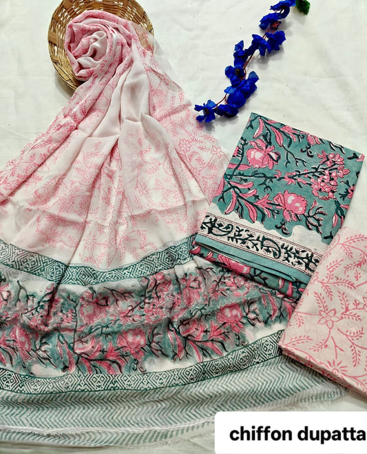 Soft Pink and Mint Floral Traditional Handblock Cotton Suit Set with Chiffon Dupatta