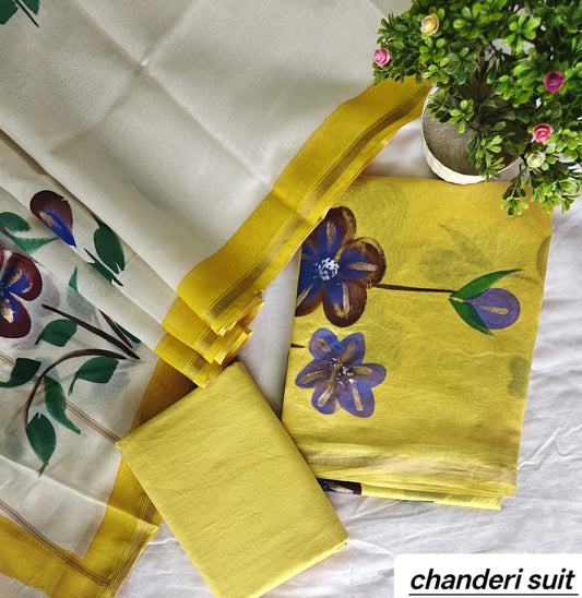 Sunny Yellow Large Floral Handblock Printed Pure Chanderi Silk Unstitched Suit Set