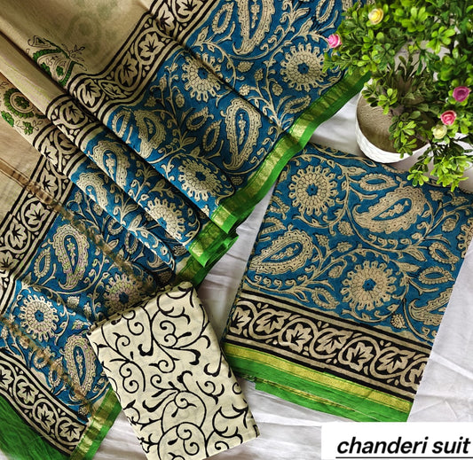 Teal Green and Blue Floral Pattern Handblock Printed Pure Chanderi Silk Unstitched Suit Set