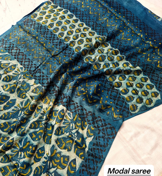 Teal Blue & Black Abstract Handblock Print Pure Modal Silk Ajrakh Saree