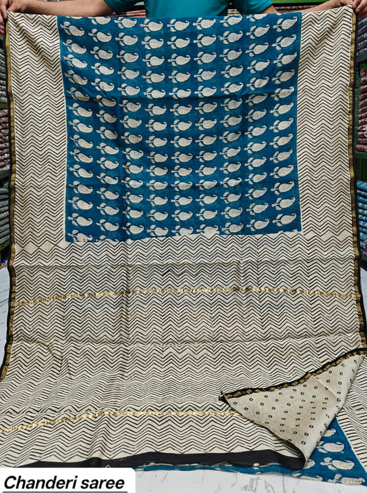 Teal Blue & Black Paisley Motif Chanderi Bagru Handblock Printed Silk Cotton Saree With Blouse