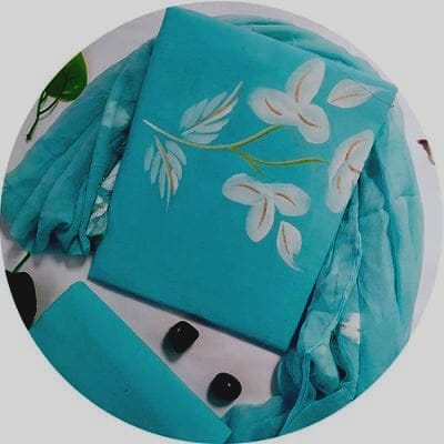 Teal Blue Floral Painted Traditional Handblock Cotton Suit Set with Chiffon Dupatta