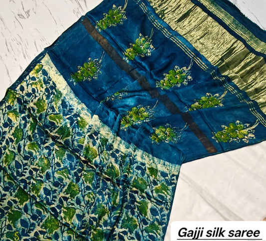 Teal Blue & Green Floral Ajrakh Handblock Saree in Pure Gajji Silk