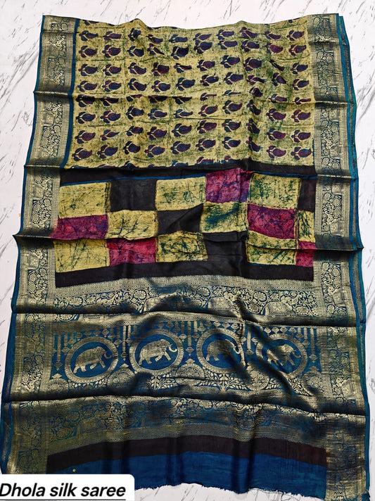 Teal Blue & Green Geometric Block Print Pure Dola Silk Ajrakh Handblock Printed Saree