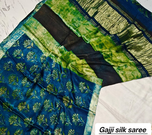 Teal Blue & Green Leaf Motif Ajrakh Handblock Saree in Pure Gajji Silk