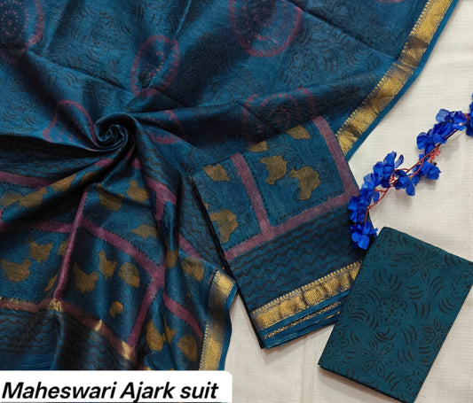 Teal Blue & Maroon Floral Pure Maheshwari Silk with Ajrakh Print Unstitched Suit Set with Dupatta