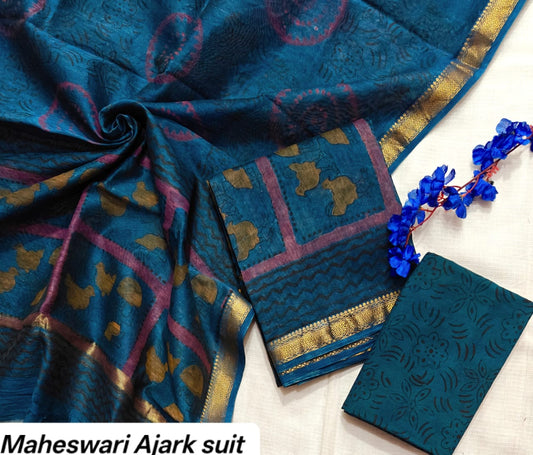 Teal Blue & Maroon Geometric Pure Maheshwari Silk with Ajrakh Print Unstitched Suit Set with Dupatta