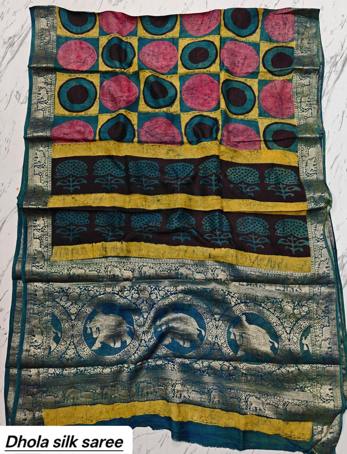 Teal Blue & Mustard Yellow Geometric Checkered Pure Dola Silk Ajrakh Handblock Printed Saree