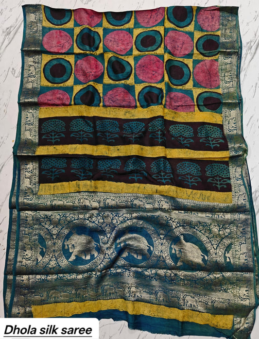 Teal Blue & Mustard Yellow Geometric Checkered Pure Dola Silk Ajrakh Handblock Printed Saree