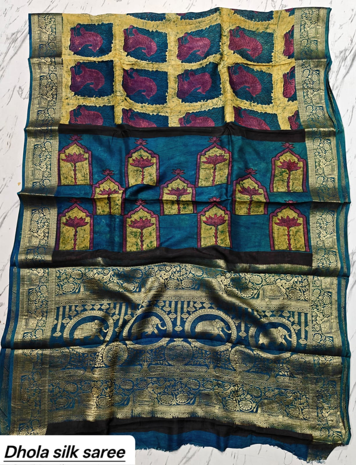 Teal Blue & Rust Red Geometric Block Print Pure Dola Silk Ajrakh Handblock Printed Saree