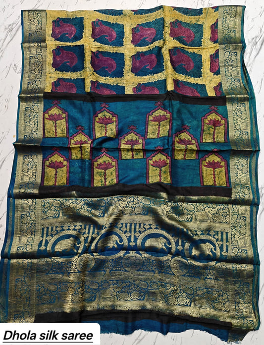 Teal Blue & Rust Red Geometric Block Print Pure Dola Silk Ajrakh Handblock Printed Saree