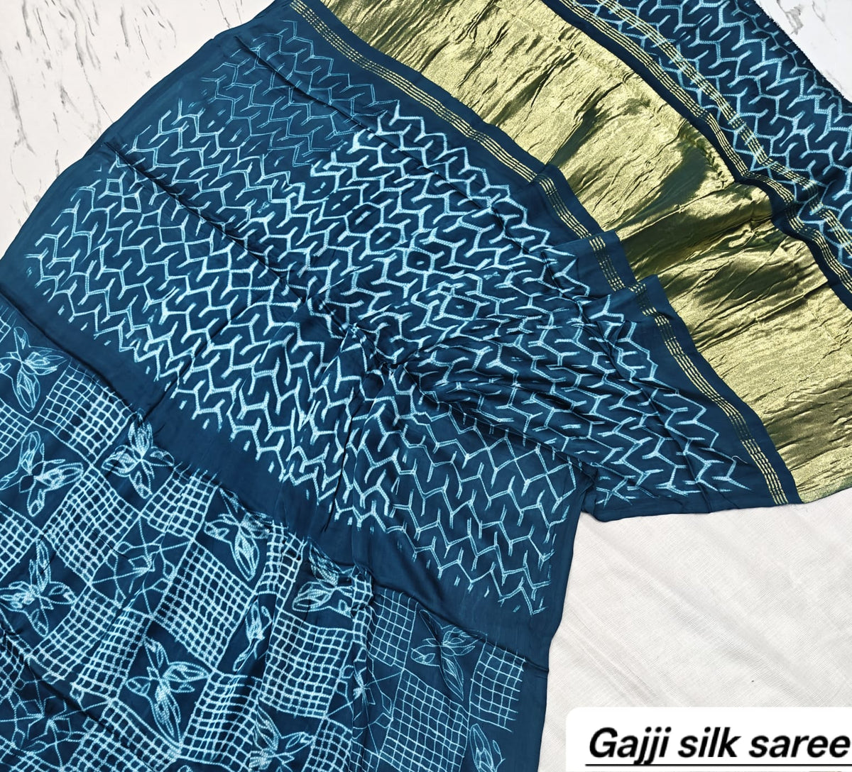 Teal Blue & White Geometric Ajrakh Handblock Saree in Pure Gajji Silk