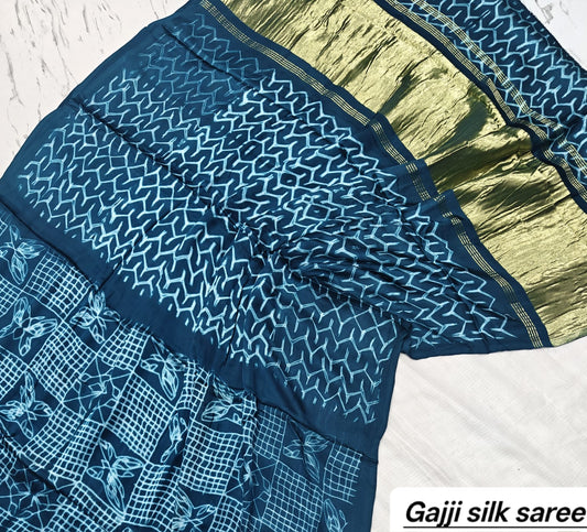 Teal Blue & White Geometric Ajrakh Handblock Saree in Pure Gajji Silk