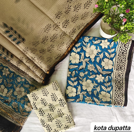 Teal Blue and Beige Floral Jaal Traditional Cotton Suit Set with Kota Doria Dupatta (Handblock Printed)