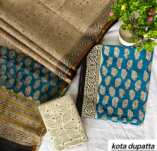 Teal Blue and Beige Floral Motif Traditional Cotton Suit Set with Kota Doria Dupatta (Handblock Printed)