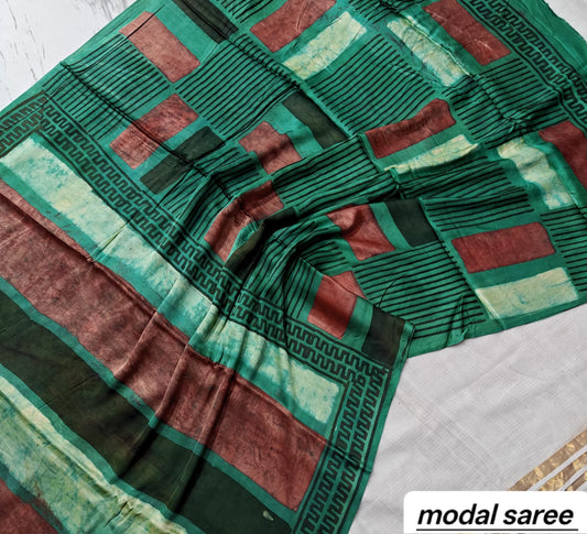 Teal Green & Black Striped Handblock Print Pure Modal Silk Ajrakh Saree