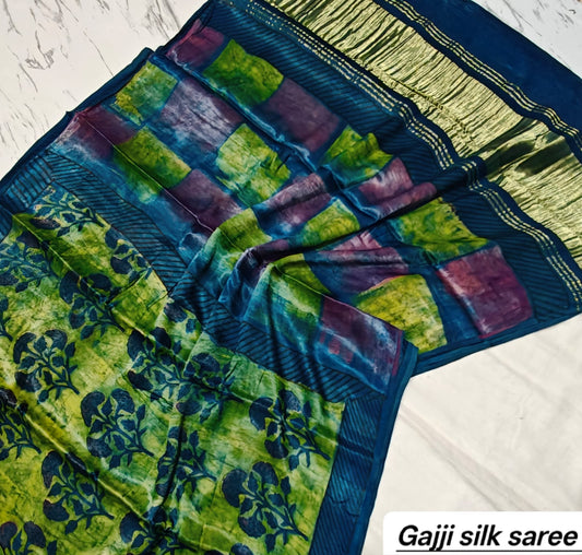 Teal Green & Blue Geometric Ajrakh Handblock Saree in Pure Gajji Silk