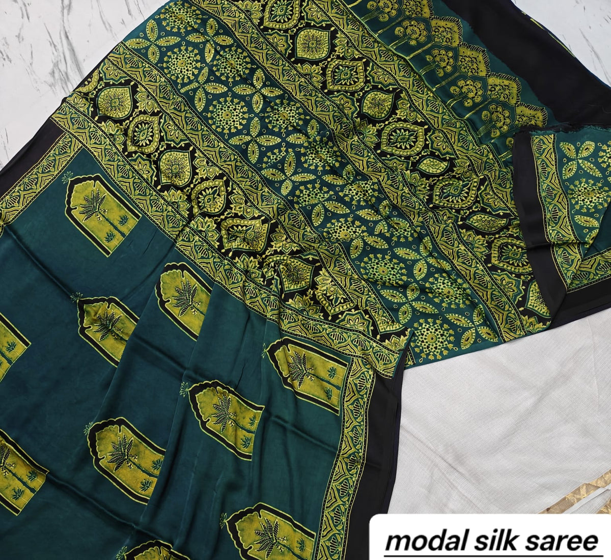 Teal Green & Mustard Yellow Floral Handblock Print Pure Modal Silk Ajrakh Saree