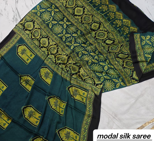 Teal Green & Mustard Yellow Floral Handblock Print Pure Modal Silk Ajrakh Saree