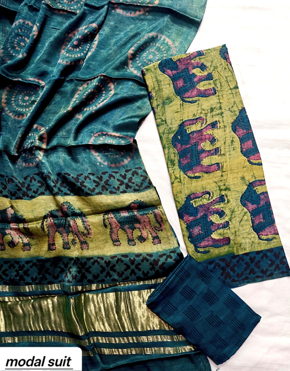 Teal Green & Navy Blue Elephant Motif Premium Pomegranate Printed Modal Silk Handblock Unstitched Suit Material