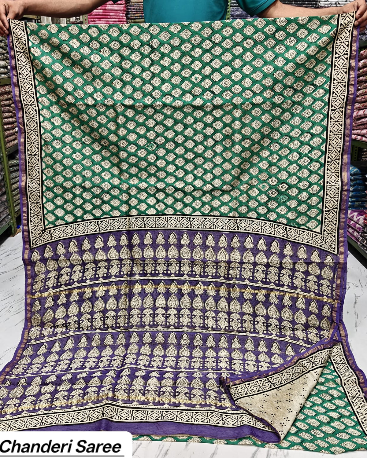 Teal Green Paisley Motif Chanderi Bagru Handblock Printed Silk Saree With Blouse