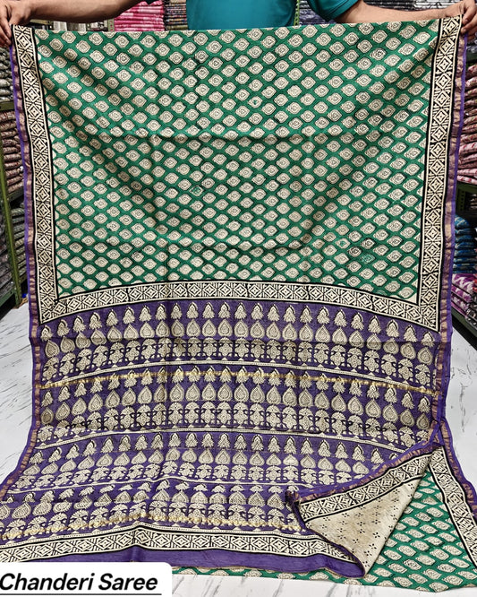 Teal Green Paisley Motif Chanderi Bagru Handblock Printed Silk Saree With Blouse
