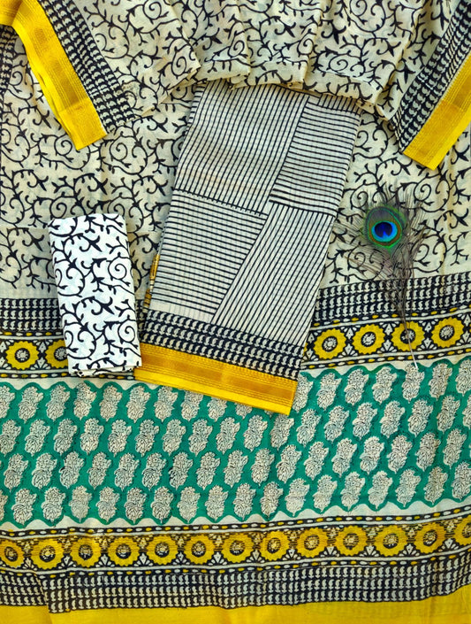 Teal Green and Mustard Yellow Stripe Handblock Printed Pure Maheshwari Silk Suit Set with Zari Border