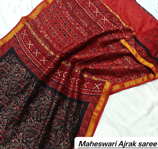 Maheshwari Silk Ajrakh Printed Saree TT-MSAJSLK-S-001