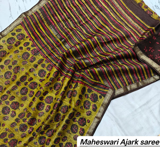 Maheshwari Silk Ajrakh Printed Saree TT-MSAJSLK-S-005