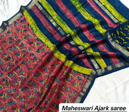 Maheshwari Silk Ajrakh Printed Saree TT-MSAJSLK-S-004