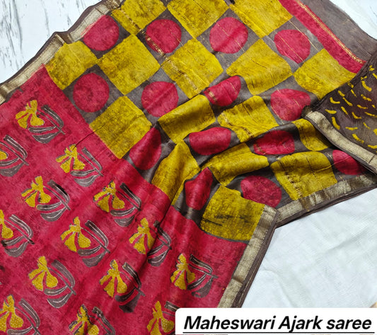 Maheshwari Silk Ajrakh Printed Saree TT-MSAJSLK-S-003