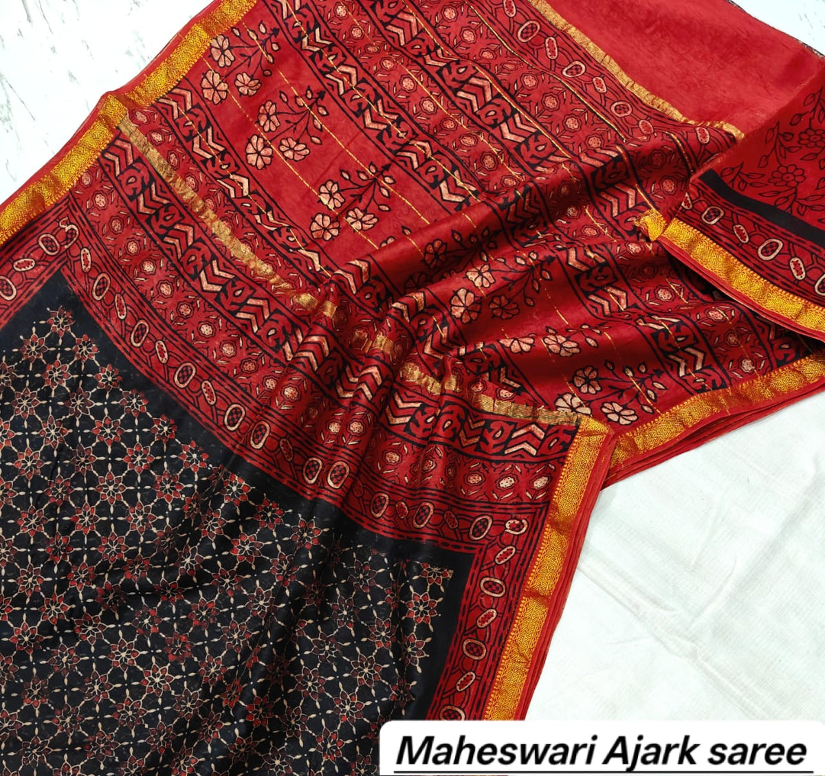 Maheshwari Silk Ajrakh Printed Saree TT-MSAJSLK-S-002
