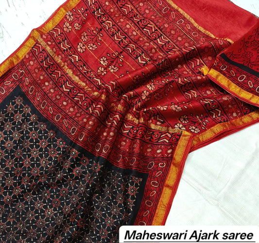 Maheshwari Silk Ajrakh Printed Saree TT-MSAJSLK-S-002