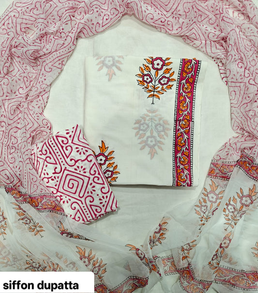 White and Red Floral Traditional Handblock Cotton Suit Set with Chiffon Dupatta