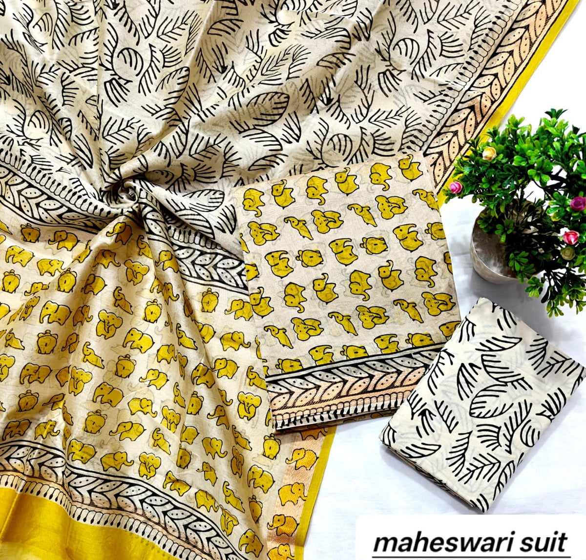 White and Yellow Geometric Stripe Handblock Printed Pure Maheshwari Silk Suit Set with Zari Border