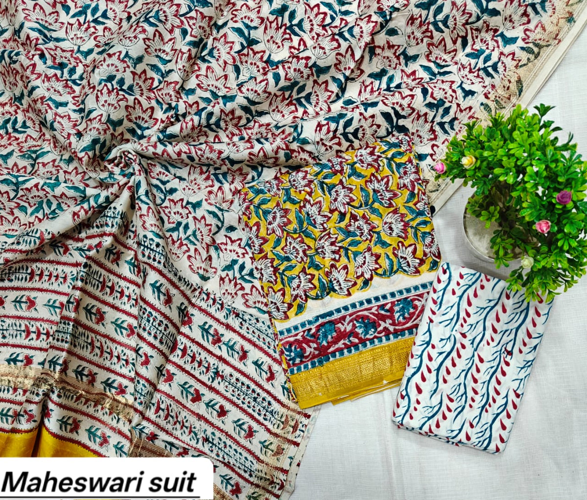White with Green and Blue Leaf Motif Handblock Printed Pure Maheshwari Silk Suit Set with Zari Border