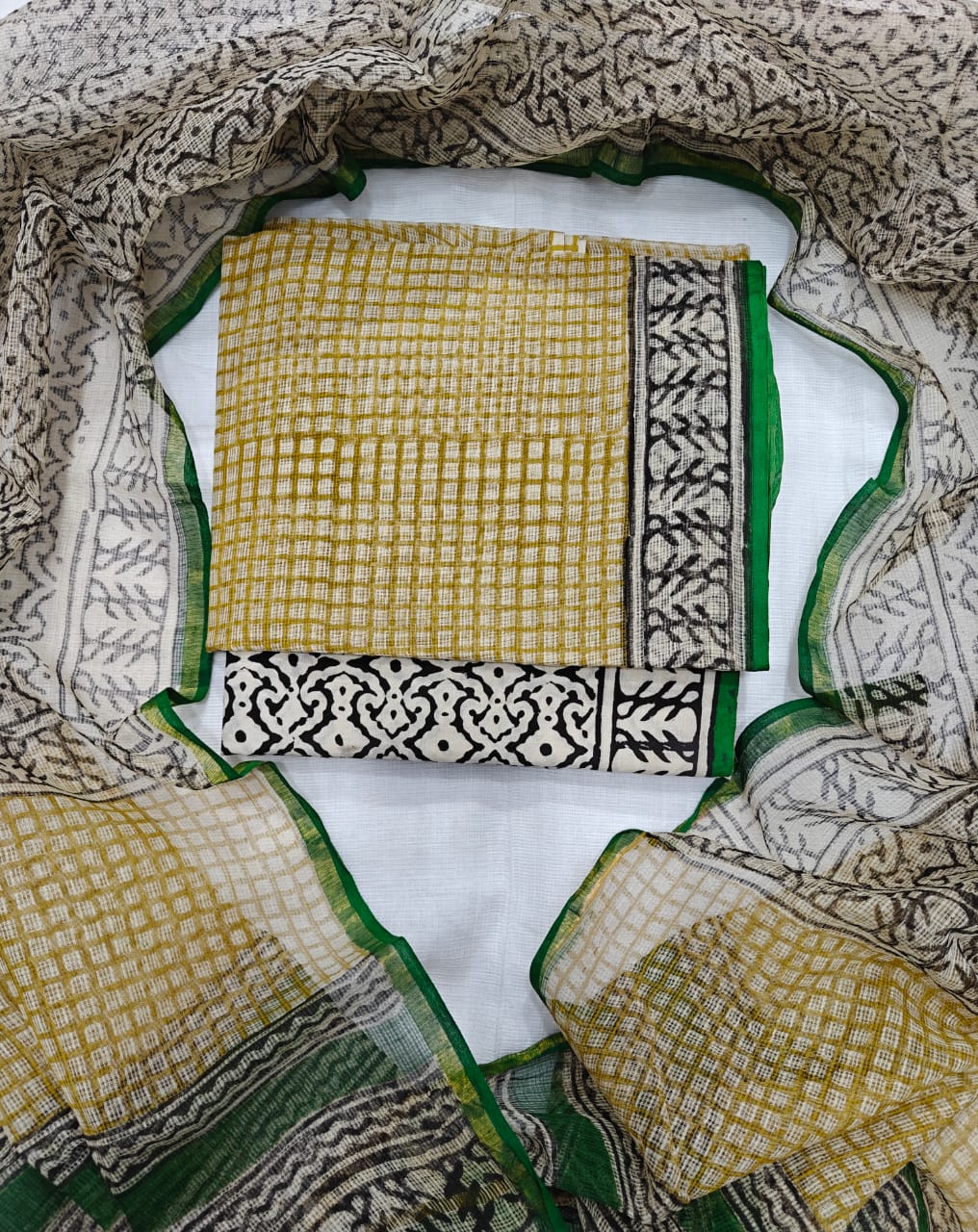 Yellow Check and Emerald Green Leaf Motif PURE KOTA DORIA HAND BLOCK PRINTED SUIT