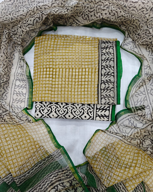 Yellow Check and Emerald Green Leaf Motif PURE KOTA DORIA HAND BLOCK PRINTED SUIT