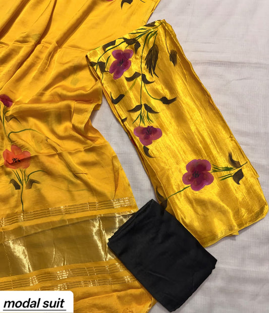 Yellow & Black Floral Premium Pomegranate Printed Modal Silk Handblock Unstitched Suit Material