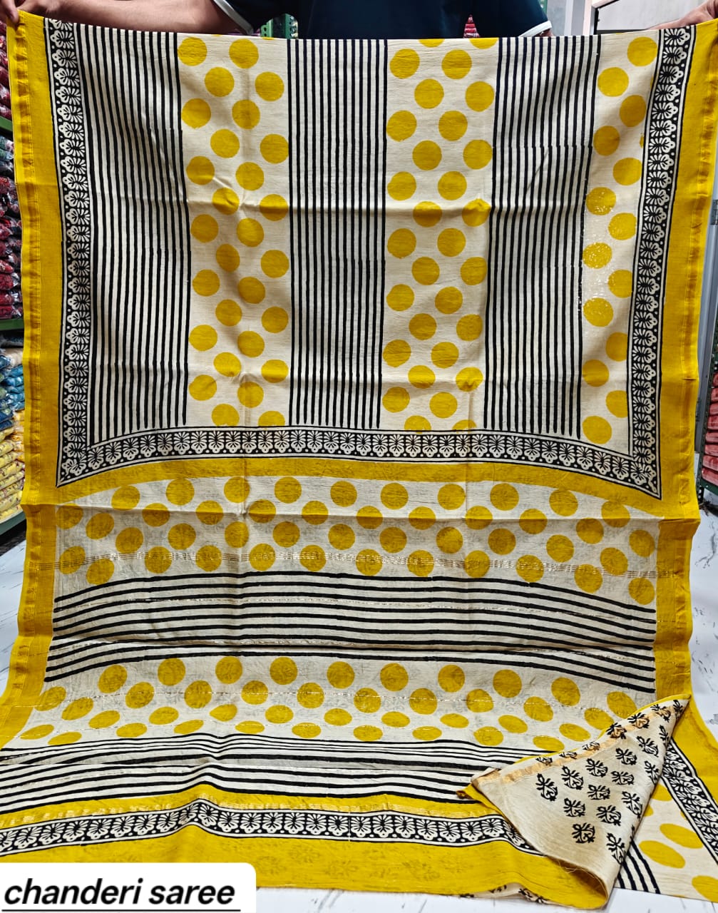 Yellow & Black Polka Dot Striped Chanderi Bagru Handblock Printed Silk Cotton Saree With Blouse