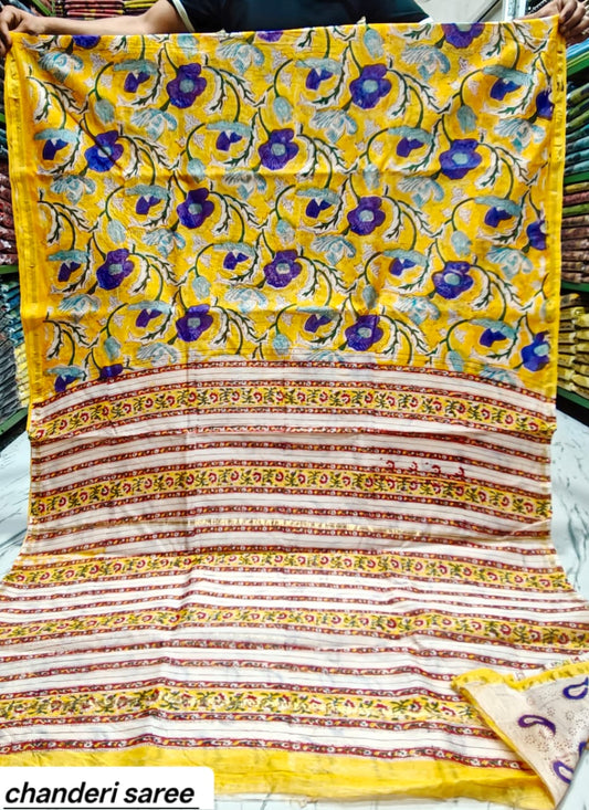 Yellow & Blue Floral Chanderi Bagru Handblock Printed Silk Cotton Saree With Blouse
