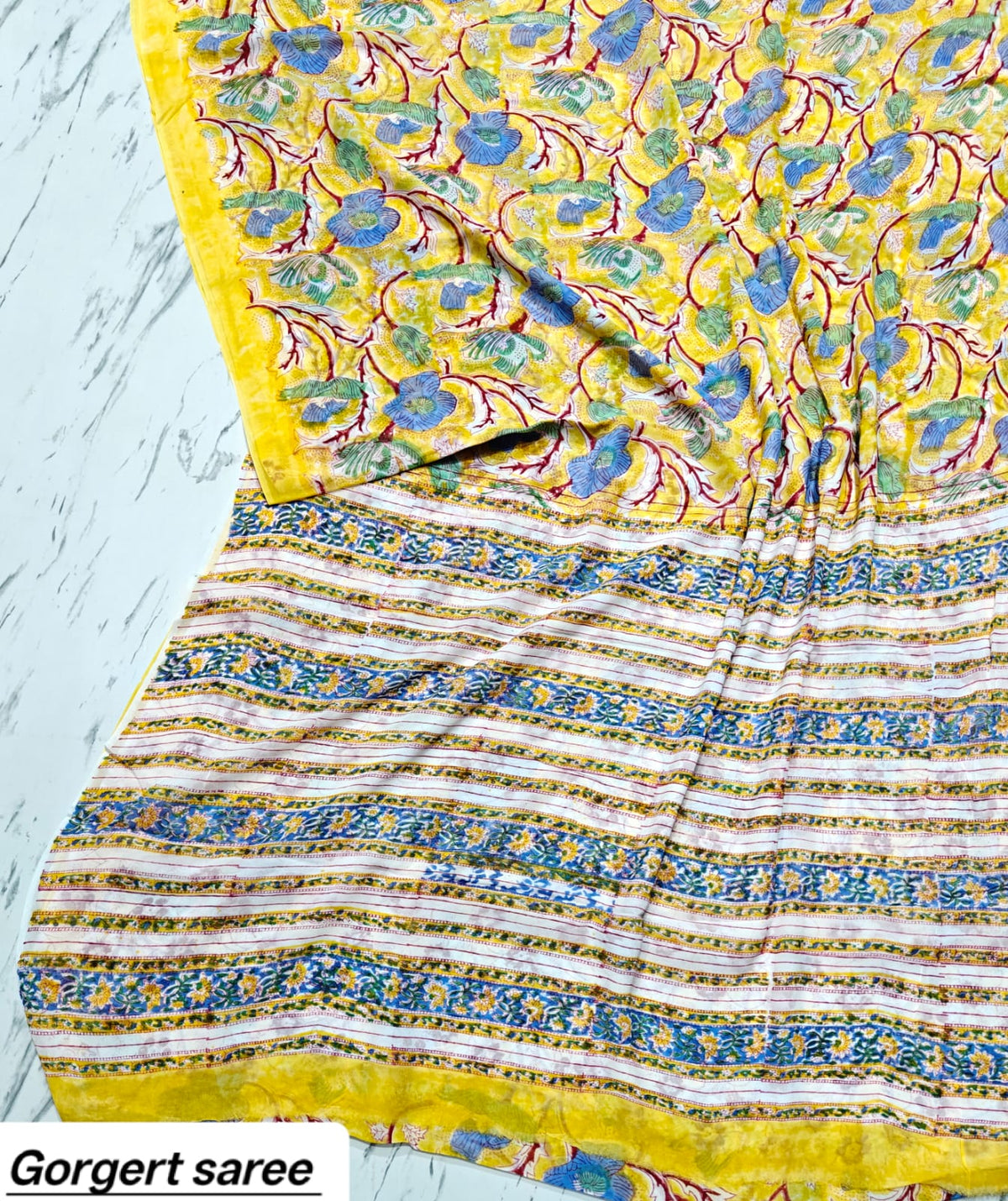 Yellow & Blue Floral Handblock Printed Georgette Saree